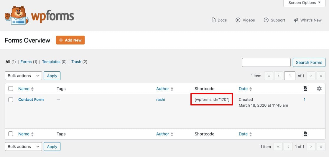 WPForms All Forms list showing a form shortcode available to copy for embedding