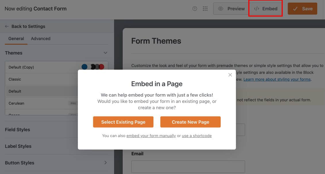 WPForms direct embed option showing existing page and new page embedding choices