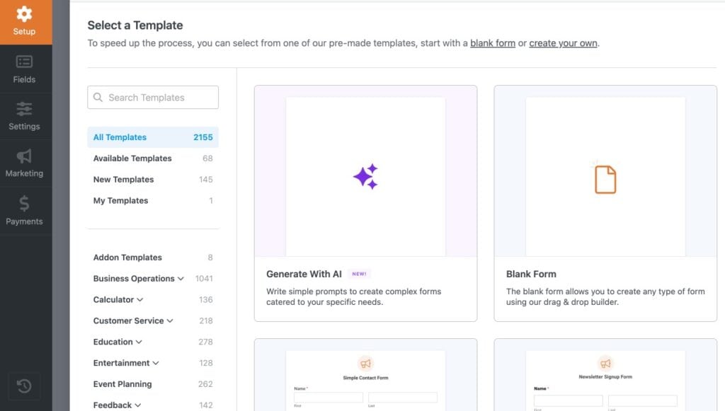 WPForms new form setup screen with blank form, AI generation, and template selection options