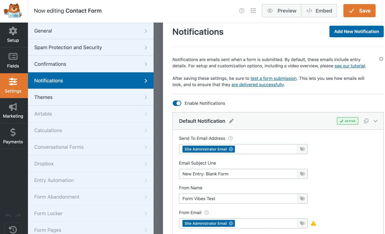 WPForms Notifications settings panel showing email notification configuration fields