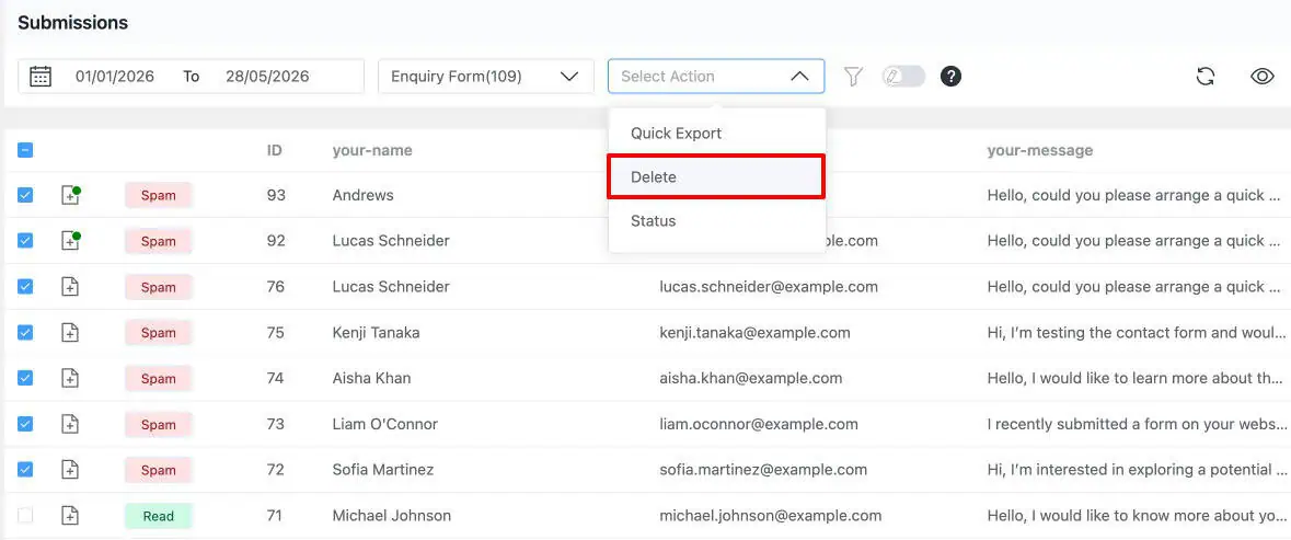 Form Vibes Submissions table filtered by Spam status with entries selected for bulk deletion