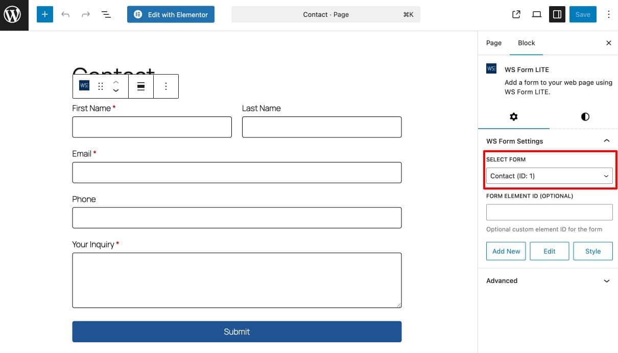 WS Form block in the WordPress Gutenberg editor with a form selected