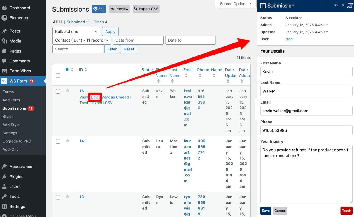 WS Form submission editing view showing editable form entry fields