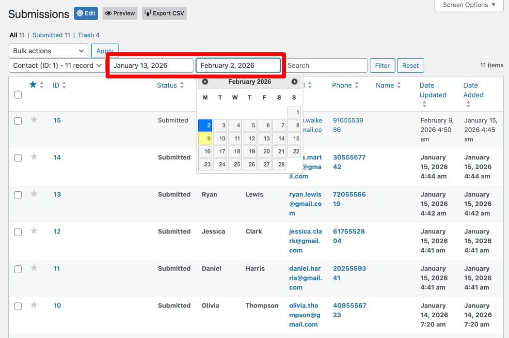 WS Form Submissions date filter applied to narrow the entries list by date range