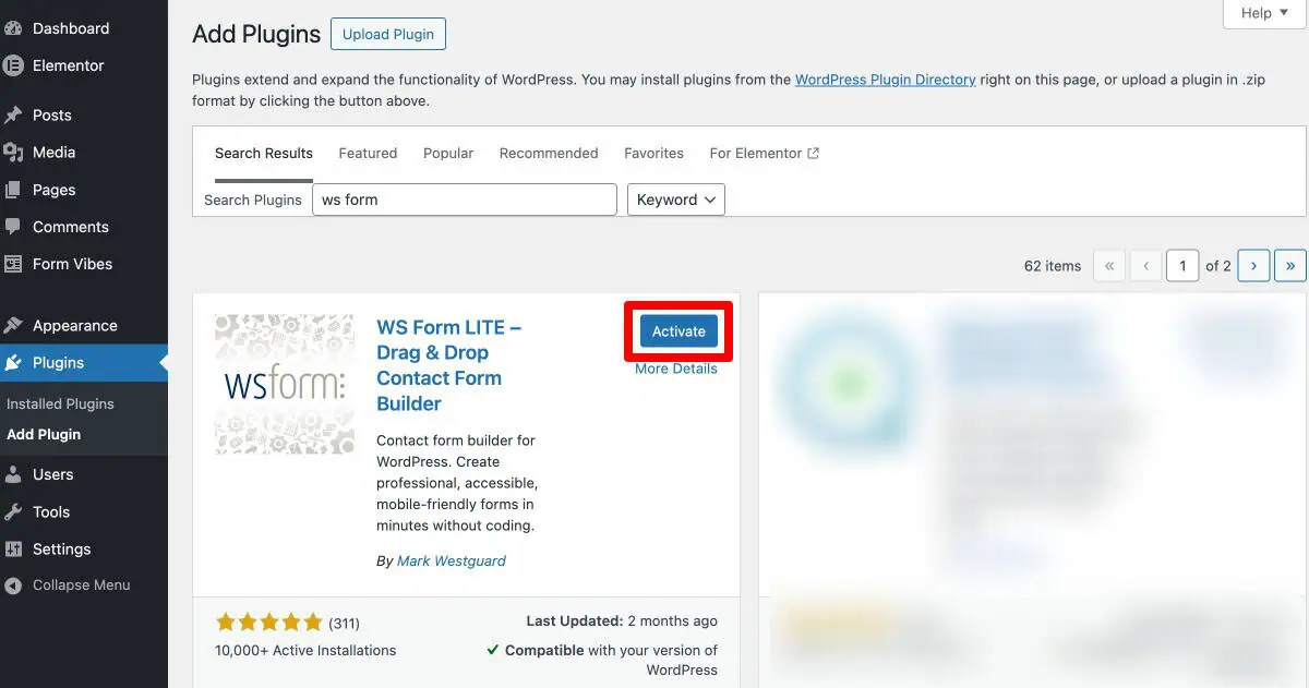 Installing WS Form from the WordPress plugin directory