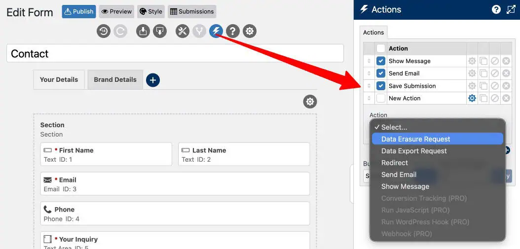 WS Form actions panel showing post-submission actions including email and redirect