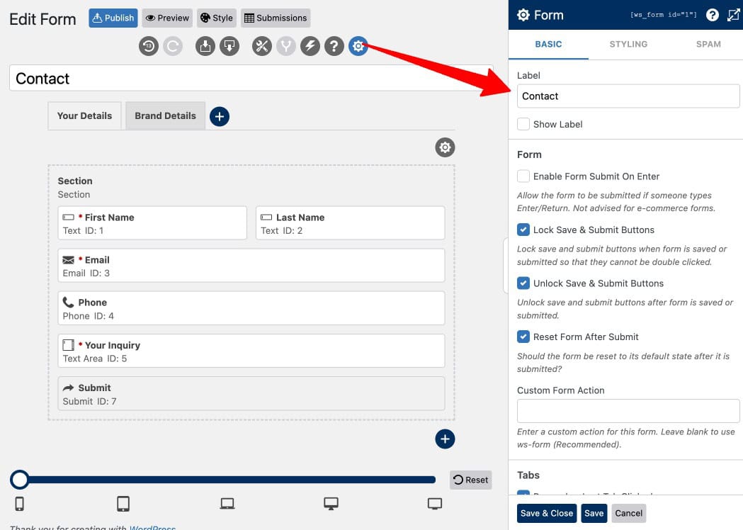 WS Form settings panel showing form configuration options