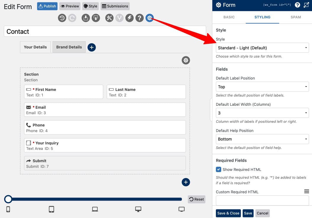 WS Form Styler panel showing visual form styling controls