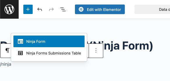 Ninja Forms Gutenberg block in the WordPress editor with a form selected from the dropdown