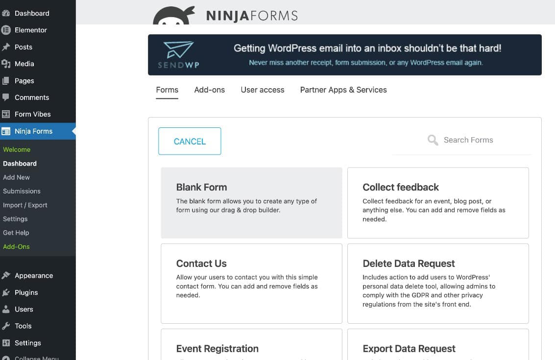 Ninja Forms template selection screen showing pre-built templates and blank form option