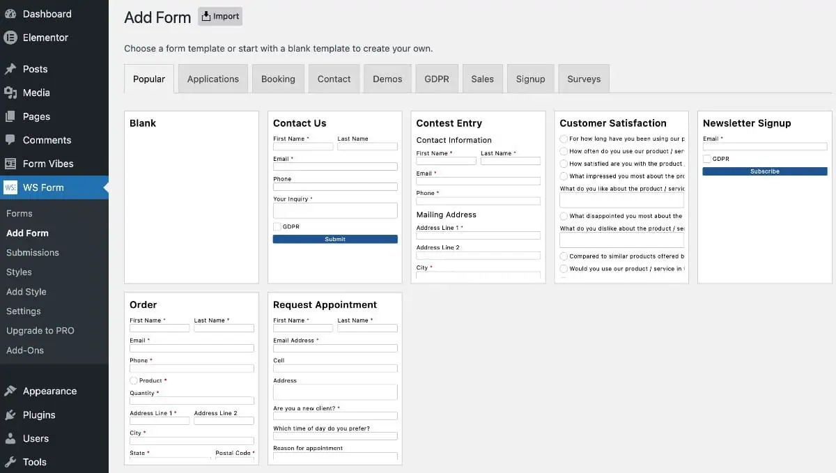 WS Form new form creation screen showing template selection and blank form option