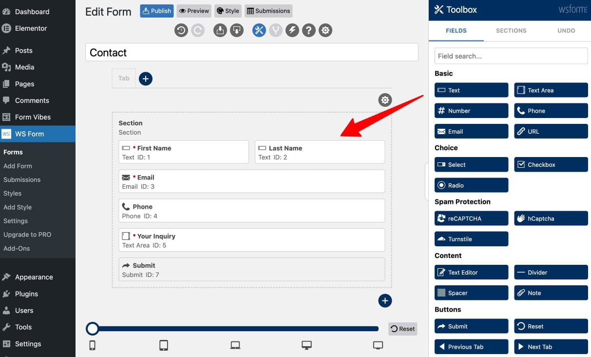 WS Form form builder showing drag-and-drop fields on the editor canvas
