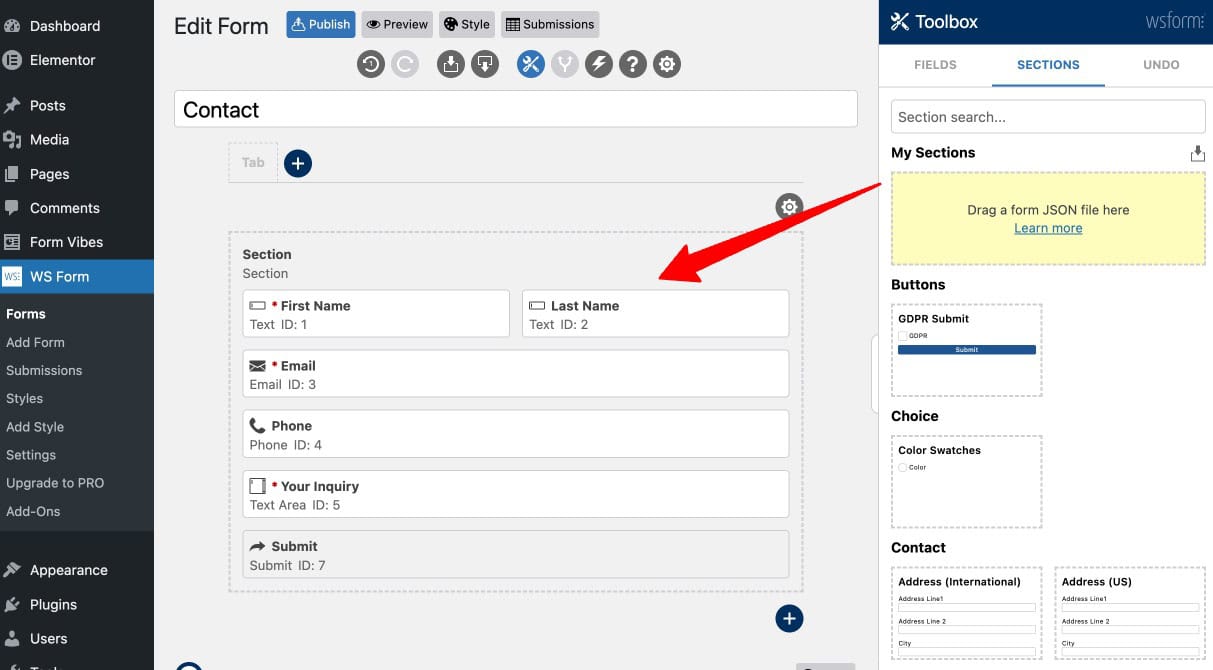 WS Form editor showing a section element with grouped form fields inside