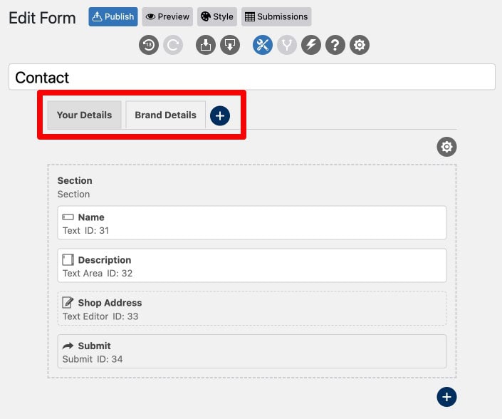 WS Form editor showing a multi-tab form structure with multiple tabs