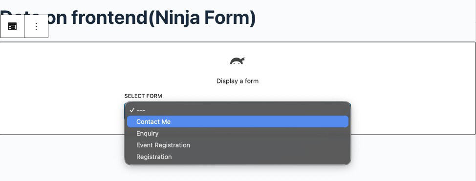 Ninja Forms Gutenberg block in the WordPress editor with a form selected from the dropdown