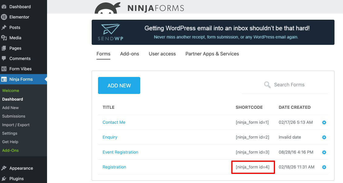 Ninja Forms Dashboard showing a form shortcode ready to copy