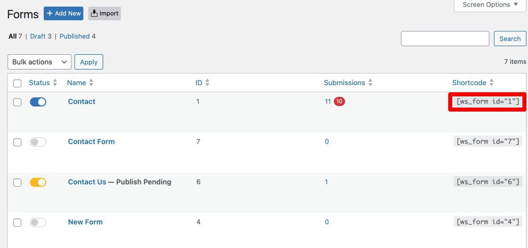 WS Form Forms list showing a form shortcode ready to copy for embedding