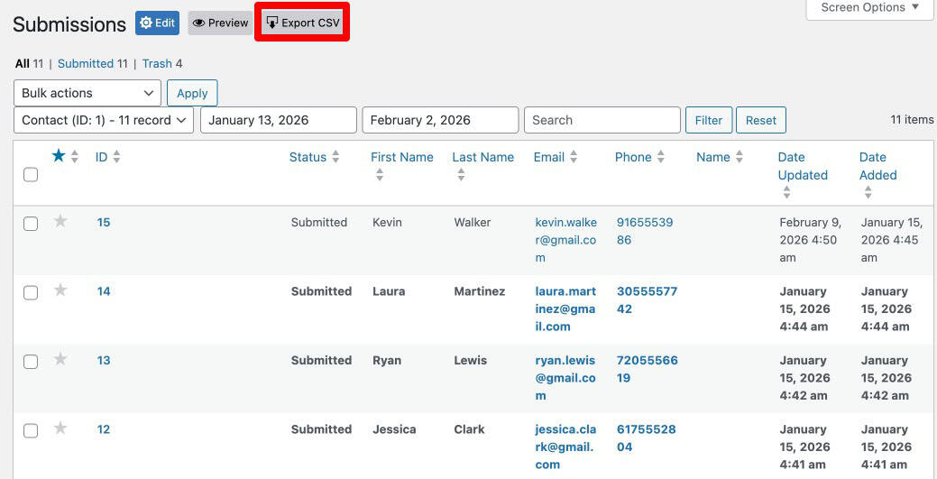 WS Form Submissions page showing the Export button for downloading entries as CSV