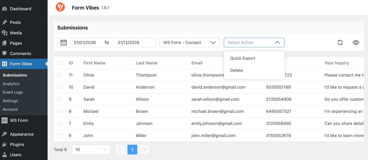 WS Form submissions captured and visible in the Form Vibes Submissions dashboard