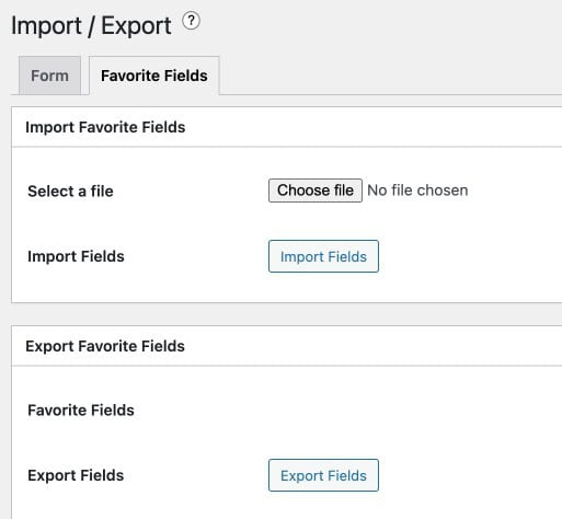 Ninja Forms Favorite Fields tab showing import and export options for individual form fields