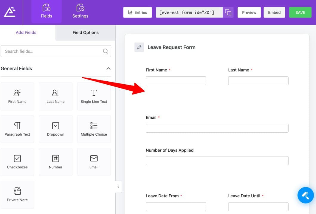 Everest Forms drag-and-drop form builder with fields placed on the canvas