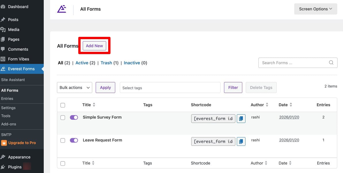 Everest Forms All Forms page showing the Add New button