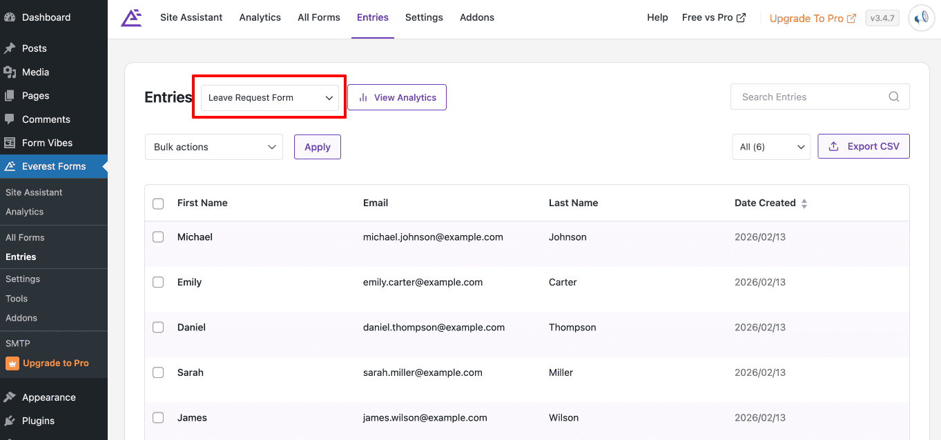 Filtering Everest Forms entries by a specific form using the dropdown filter