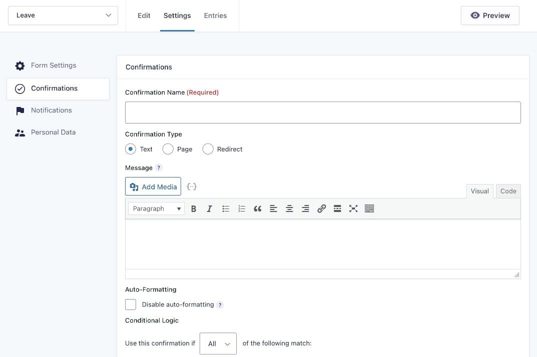 Gravity Forms Confirmation Settings showing the three confirmation type options