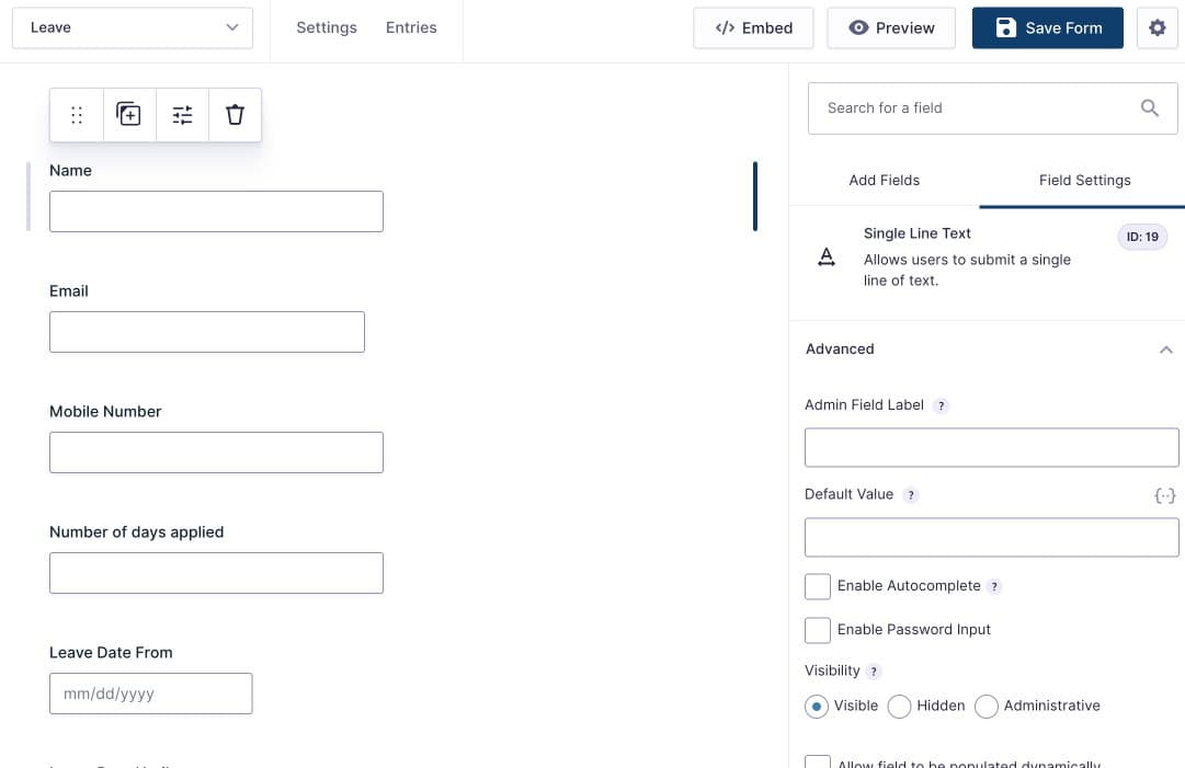 Gravity Forms field Advanced settings tab showing visibility and conditional logic options