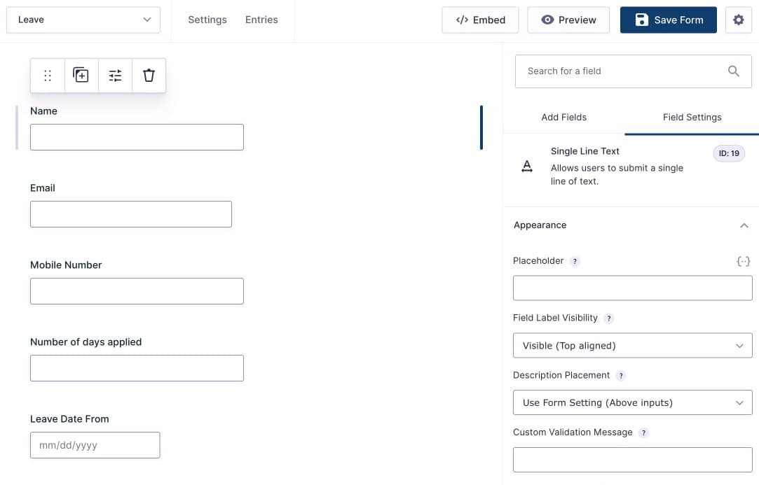 Gravity Forms field Appearance settings tab showing layout and display options