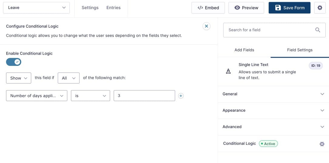 Gravity Forms conditional logic settings for a form field showing show/hide rules