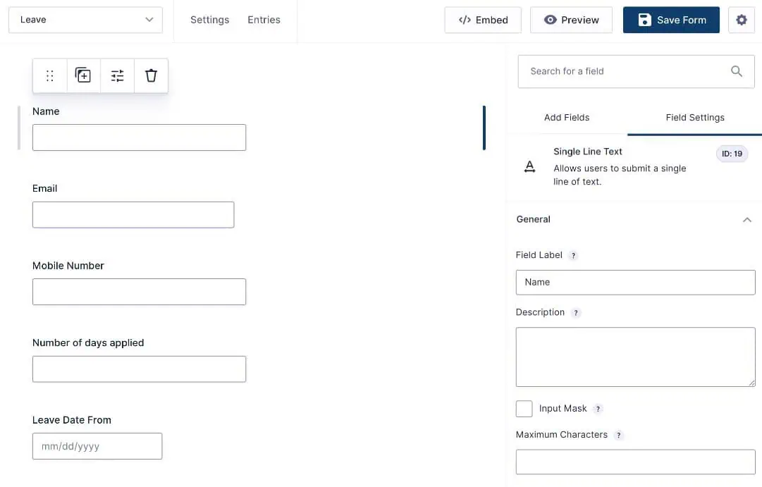 Gravity Forms field General settings tab showing label, Description
