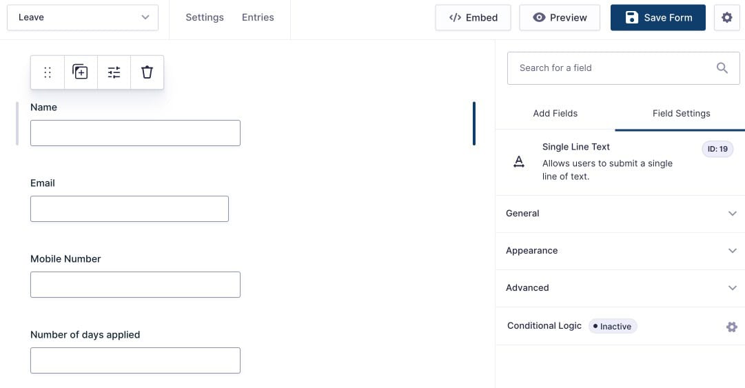 Gravity Forms form builder showing field categories and a form with fields placed