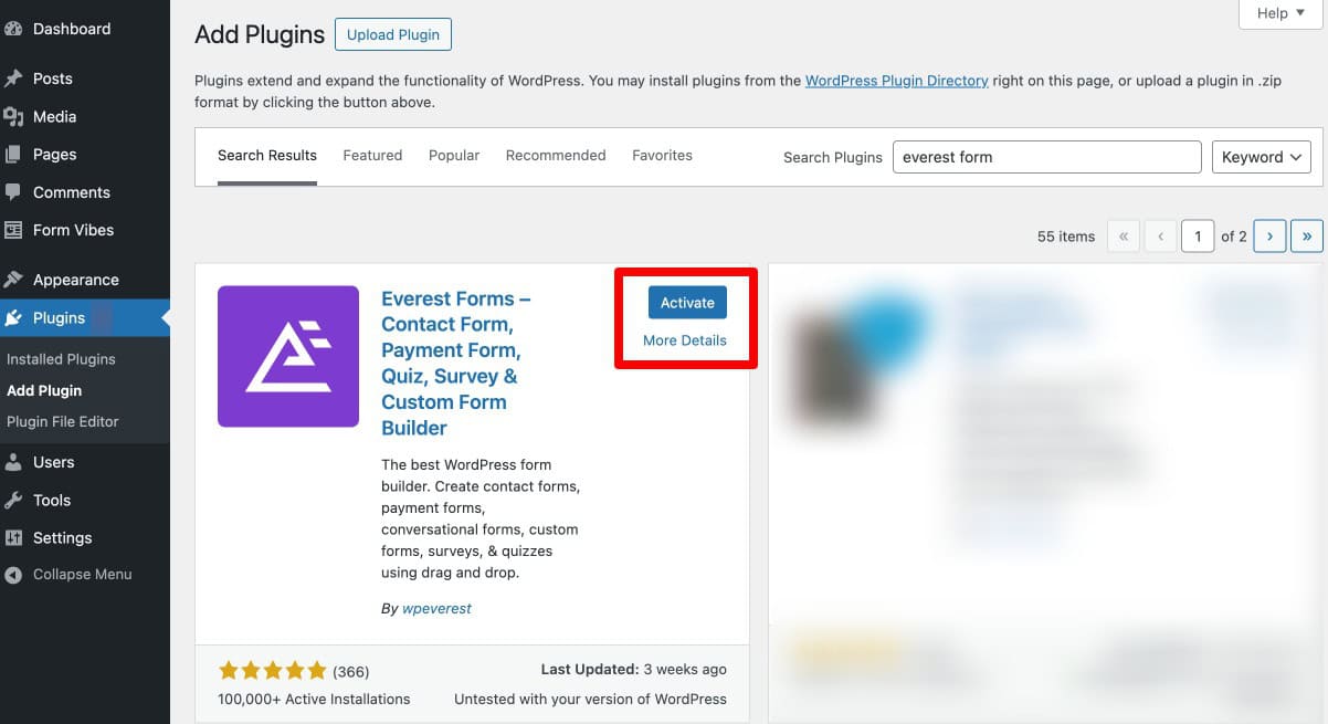 Installing Everest Forms from the WordPress plugin directory
