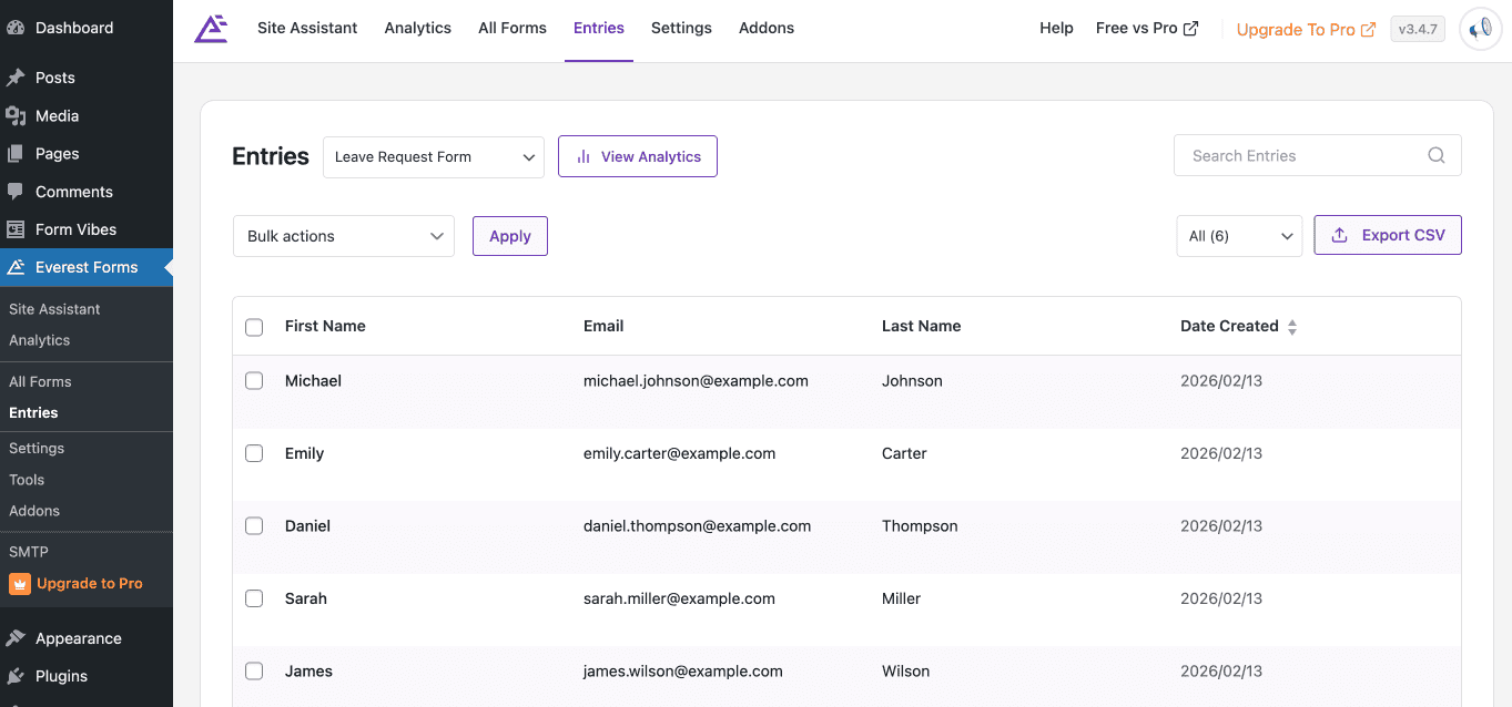 Everest Forms Entries page showing form submissions in the WordPress admin