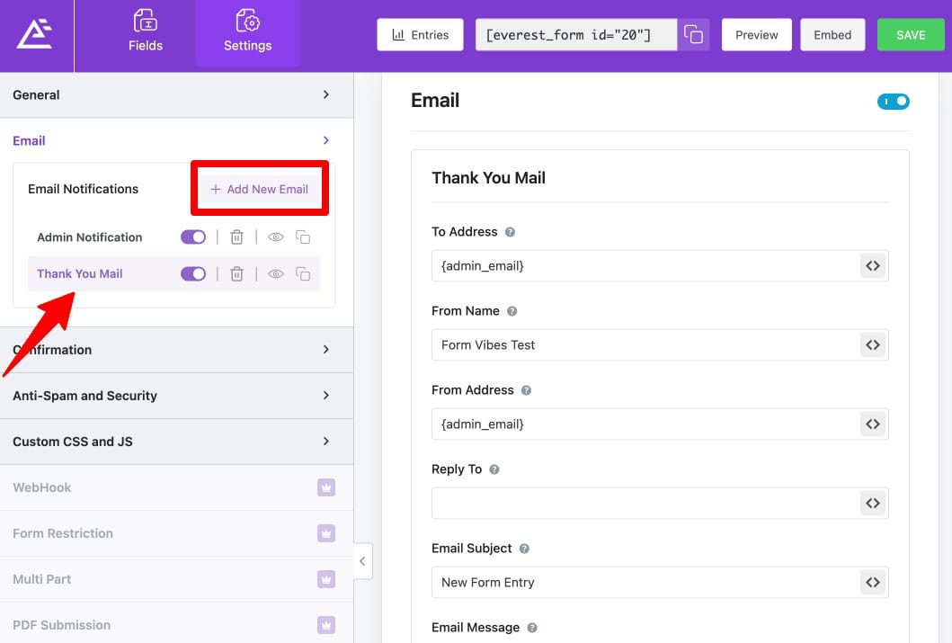 Everest Forms separate user notification email settings