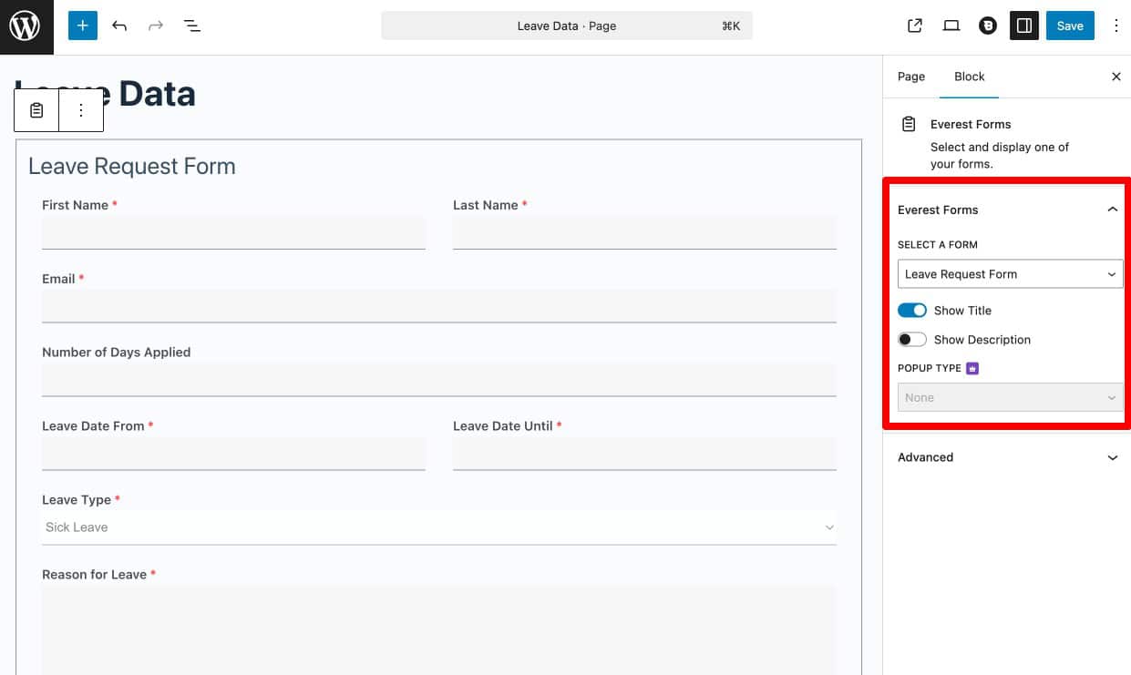 Everest Forms Gutenberg block in the WordPress editor with a form selected