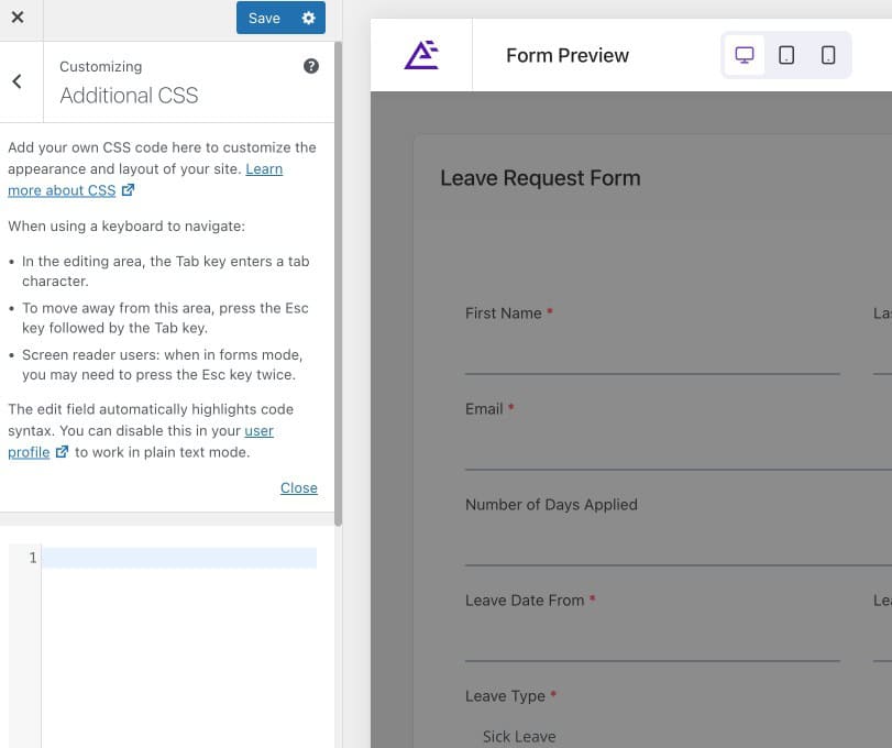 Everest Forms Style Customizer Additional CSS editor for custom styling