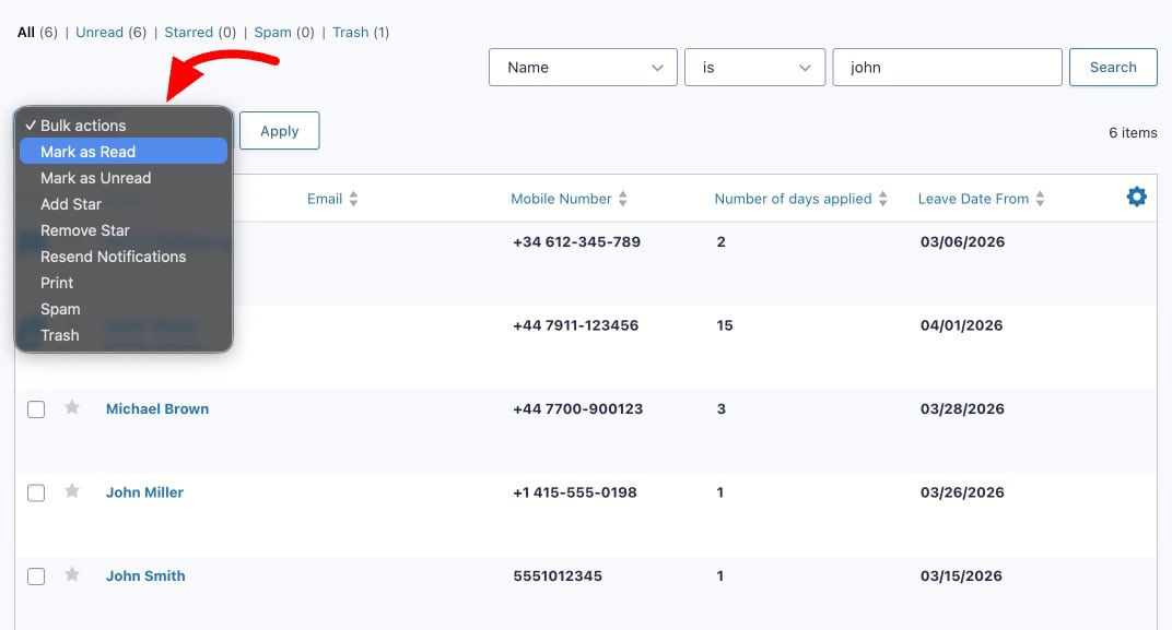 Bulk actions applied to selected Gravity Forms entries