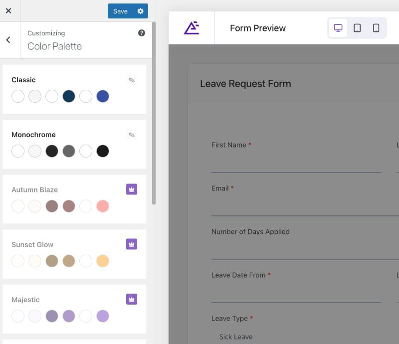 Everest Forms Style Customizer Color Palette section with pre-defined palette choices