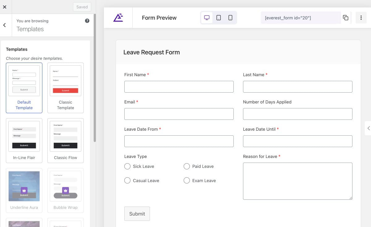 Everest Forms Style Customizer Active Template section showing template choices