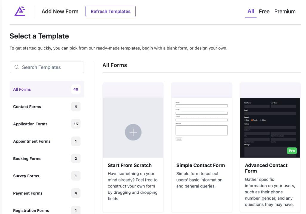 Everest Forms template selection screen with pre-built templates and blank form option