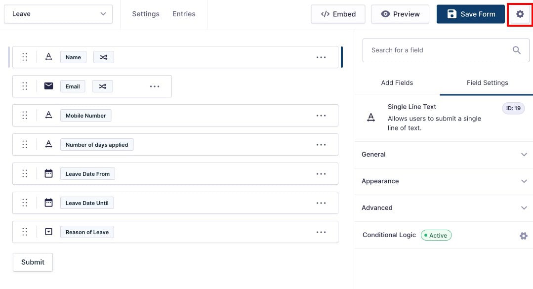 Gravity Forms form builder in Compact View Setting Enable