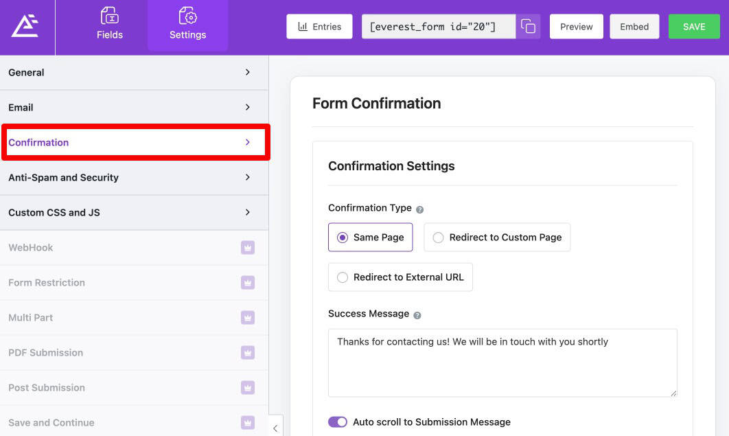 Everest Forms Confirmation settings with Stay on Page, Page Redirect, and URL Redirect options