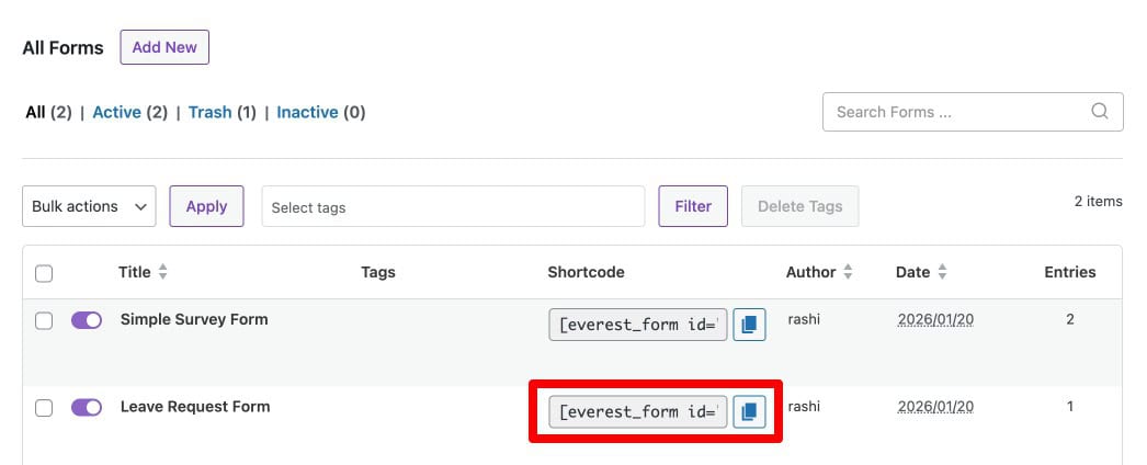 Everest Forms All Forms list showing a form shortcode ready to copy