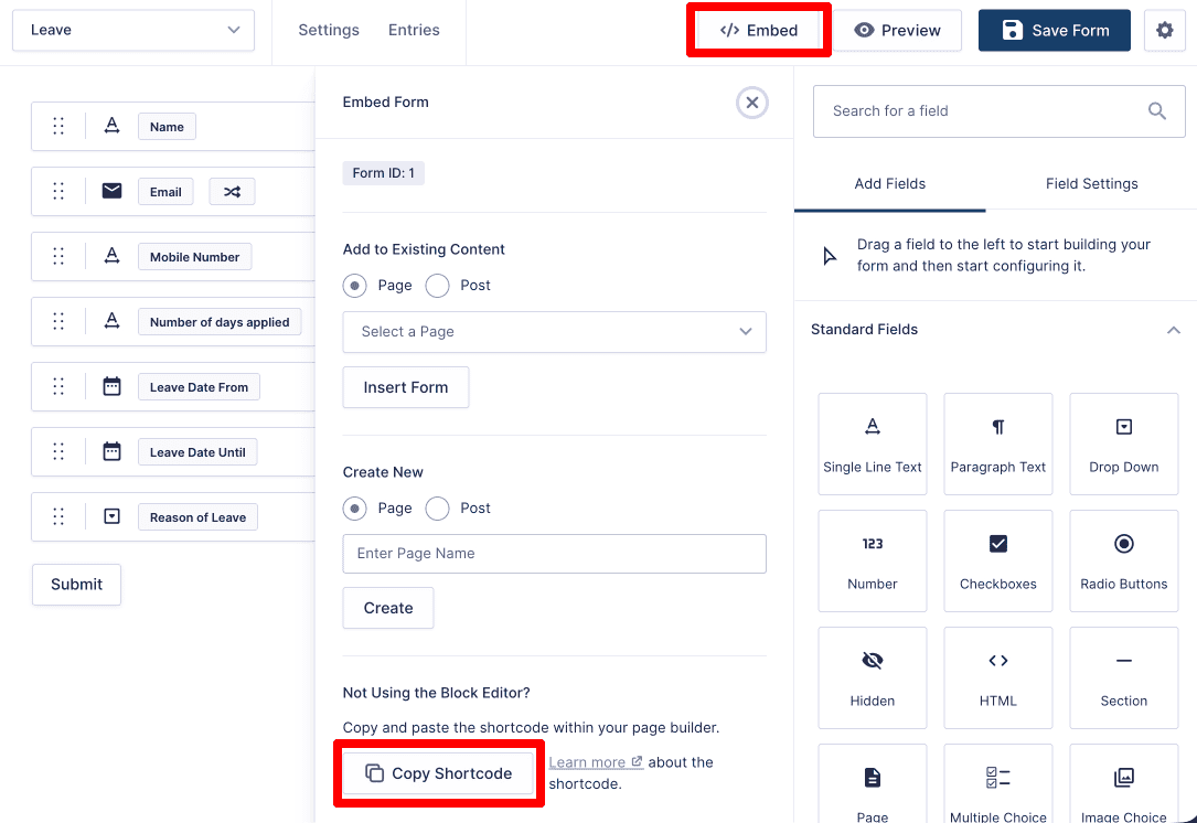 Gravity Forms embed panel showing the form shortcode ready to copy