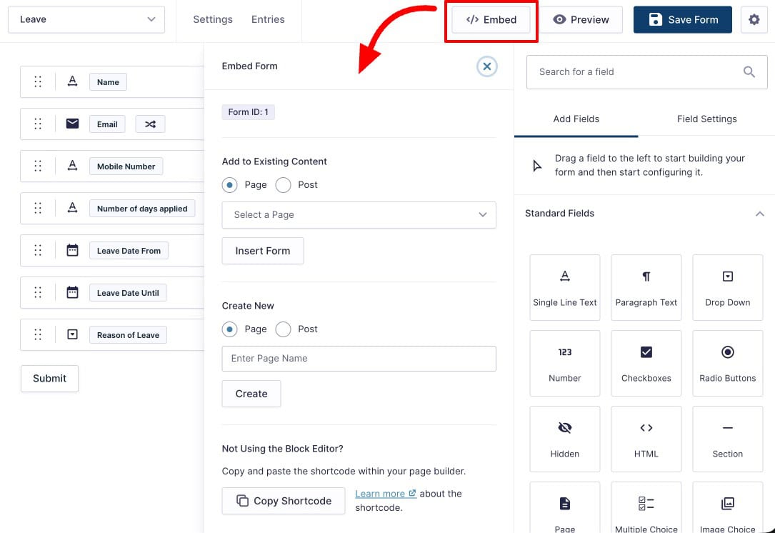 Gravity Forms Embed button showing options to add form to an existing page or create a new page