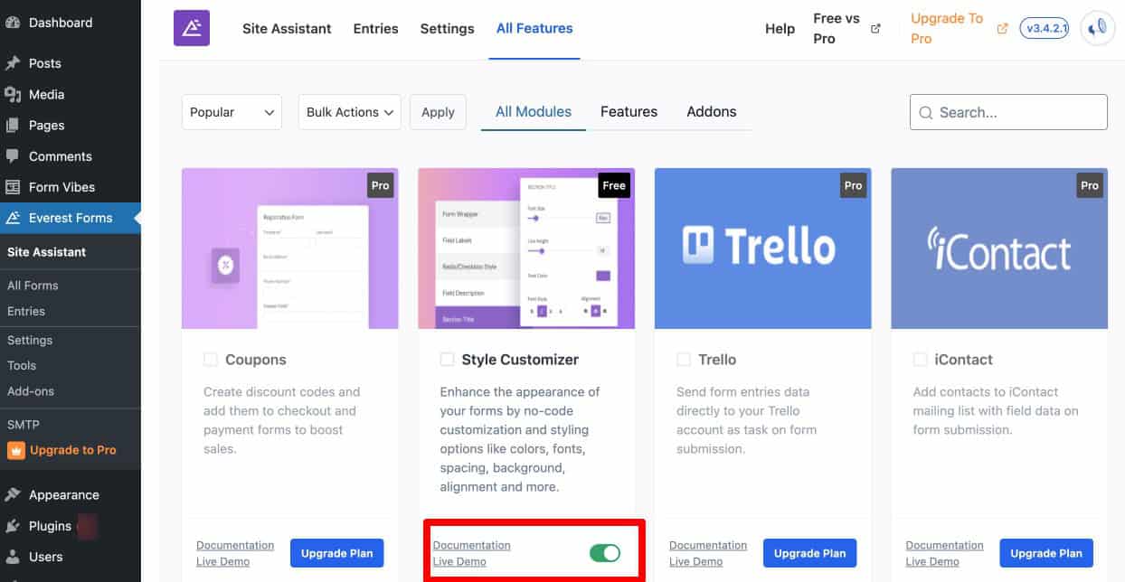 Everest Forms Add-ons page showing the Style Customizer module with Enable button