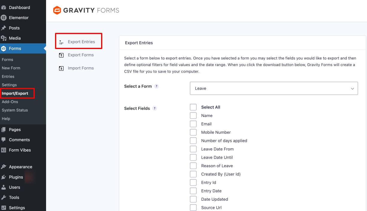 Gravity Forms Export Entries screen with form and fields selected