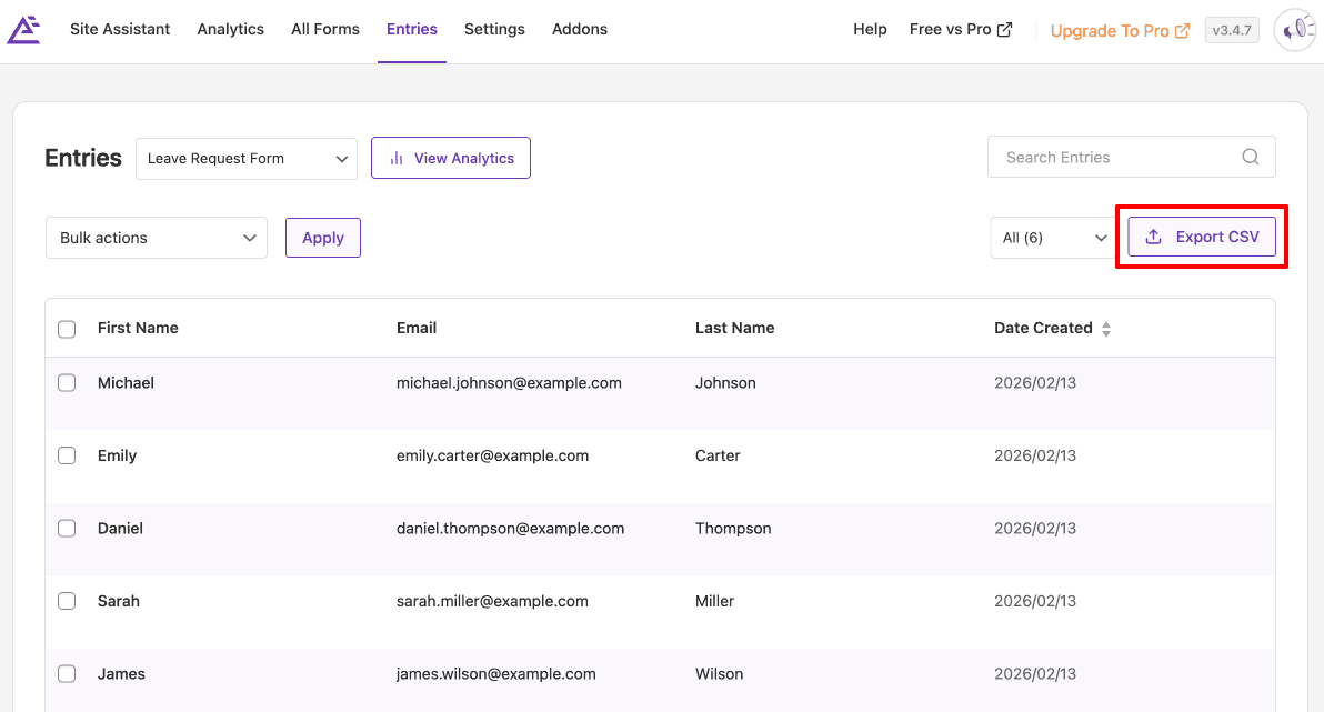 Exporting Everest Forms entries to CSV from the Entries toolbar